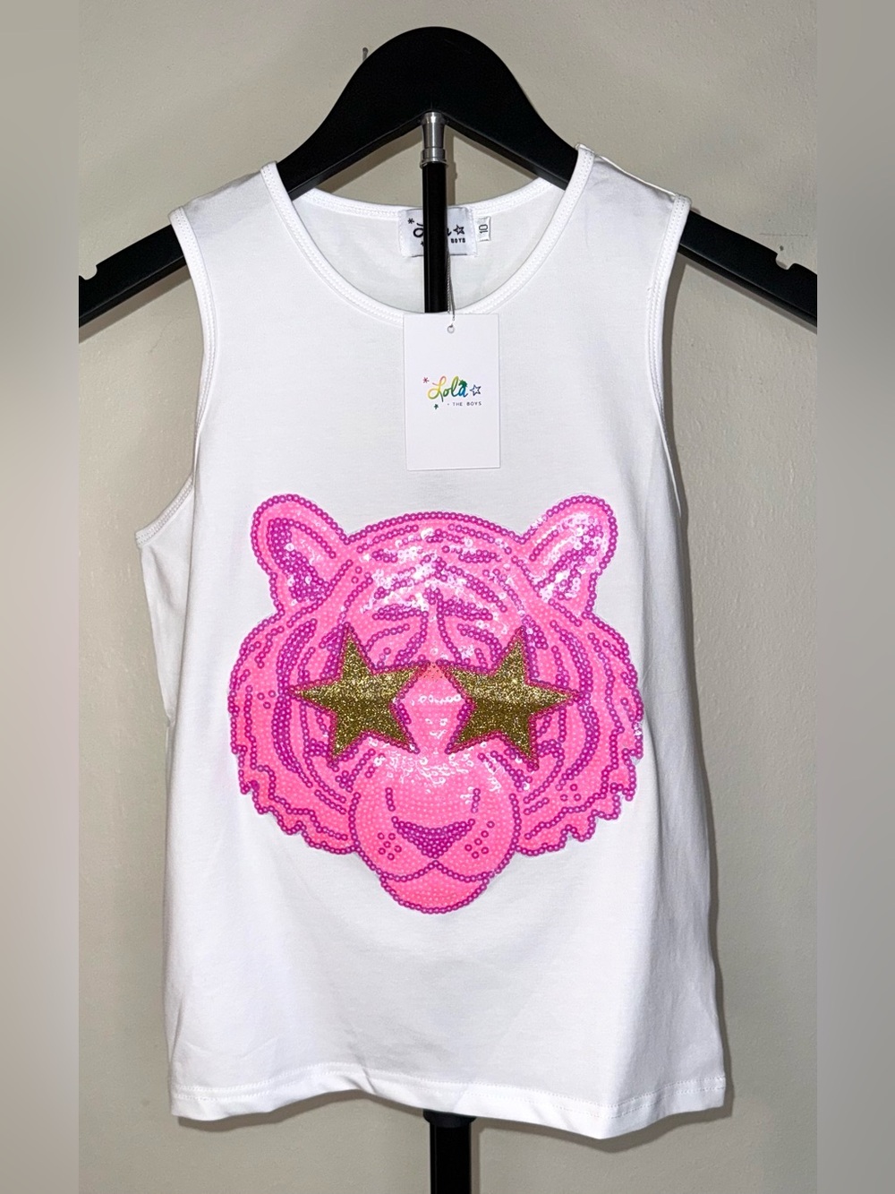 Lola & the Boys Pink Sequin Tiger Face tank, size 10, NWT